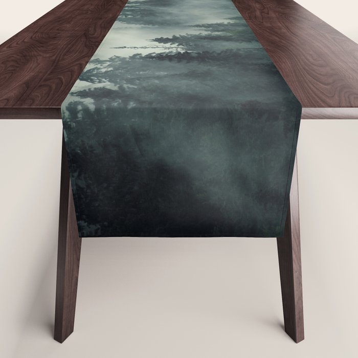 Green misty mountain pine forest in cloudy and rainy - vintage style photo Table Runner Gallery Image 1