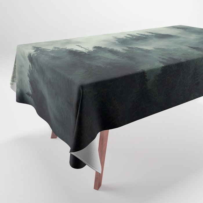 Green misty mountain pine forest in cloudy and rainy - vintage style photo Tablecloth Gallery Image 1