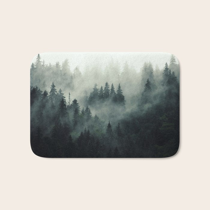 Green misty mountain pine forest in cloudy and rainy - vintage style photo Bath Mat Gallery Image 1