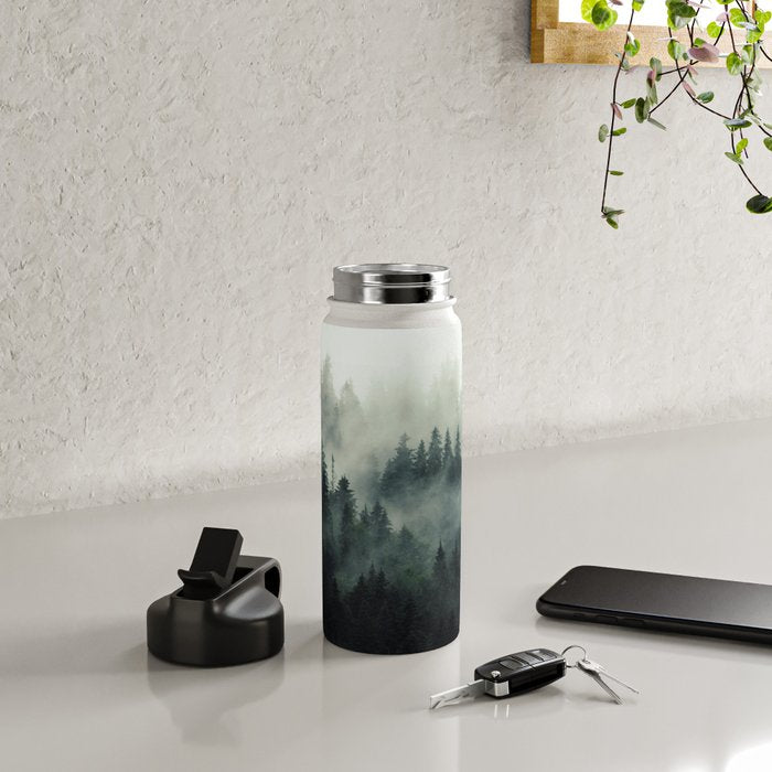 Green misty mountain pine forest in cloudy and rainy - vintage style photo Water Bottle Gallery Image 4