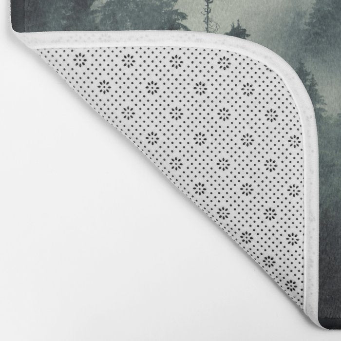 Green misty mountain pine forest in cloudy and rainy - vintage style photo Bath Mat Gallery Image 2