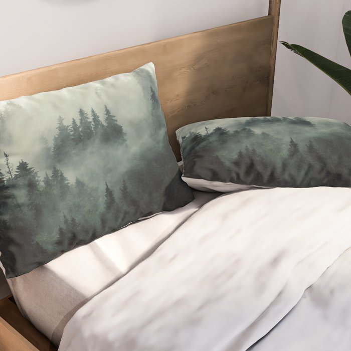 Green misty mountain pine forest in cloudy and rainy - vintage style photo Pillow Sham Gallery Image 2