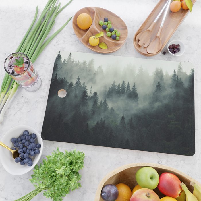 Green misty mountain pine forest in cloudy and rainy - vintage style photo Cutting Board Gallery Image 2