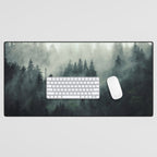 Green misty mountain pine forest in cloudy and rainy - vintage style photo Desk Mat Gallery Image 1