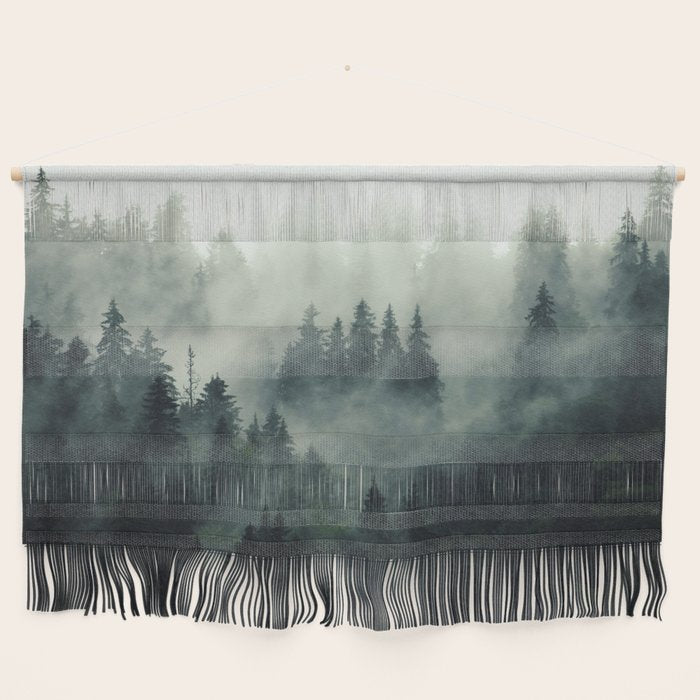 Green misty mountain pine forest in cloudy and rainy - vintage style photo Wall Hanging Gallery Image 1