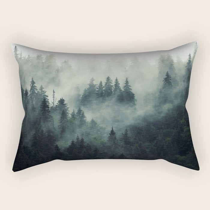 Green misty mountain pine forest in cloudy and rainy - vintage style photo Rectangular Pillow Gallery Image 2