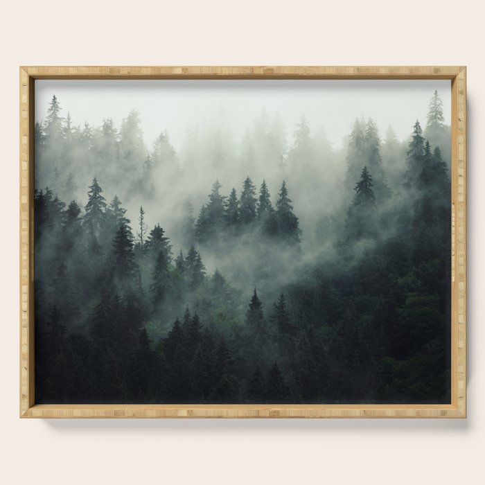 Green misty mountain pine forest in cloudy and rainy - vintage style photo Serving Tray Gallery Image 1