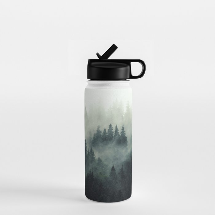 Green misty mountain pine forest in cloudy and rainy - vintage style photo Water Bottle Gallery Image 1