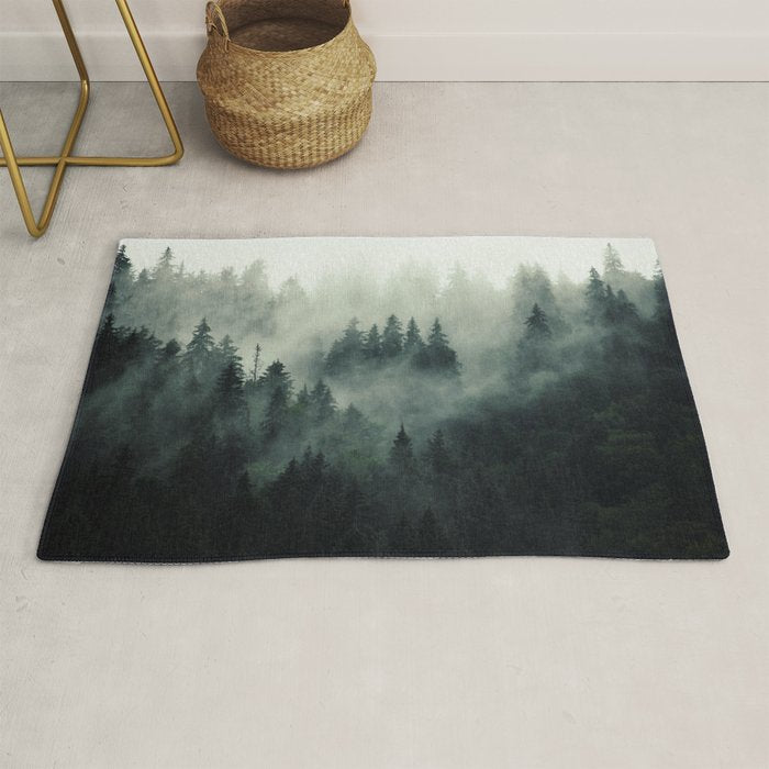 Green misty mountain pine forest in cloudy and rainy - vintage style photo Rug Gallery Image 1