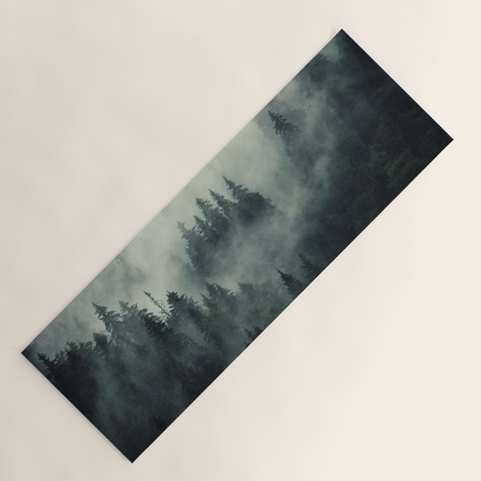 Green misty mountain pine forest in cloudy and rainy - vintage style photo Yoga Mat Gallery Image 1