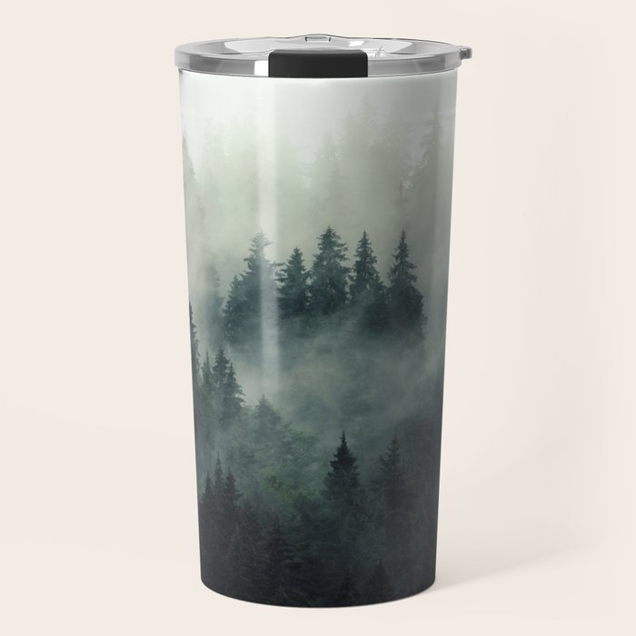 Green misty mountain pine forest in cloudy and rainy - vintage style photo Travel Mug Gallery Image 1
