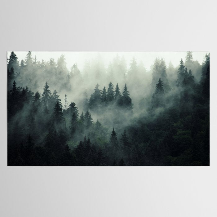 Green misty mountain pine forest in cloudy and rainy - vintage style photo Tablecloth Gallery Image 2
