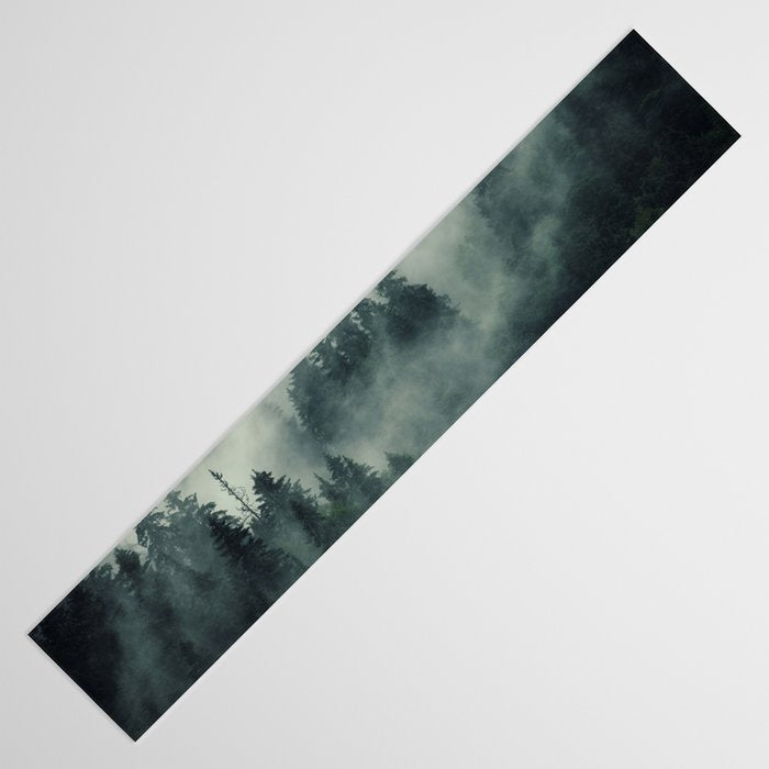 Green misty mountain pine forest in cloudy and rainy - vintage style photo Table Runner Gallery Image 3