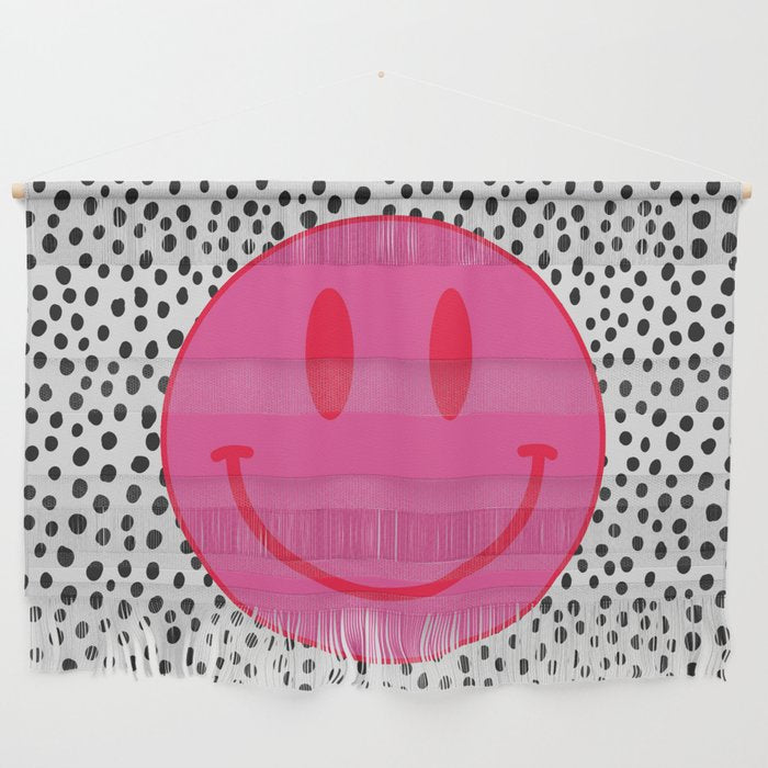 Cute Pink and Red Smiley Face on Black and White Background Wall Hanging Gallery Image 1