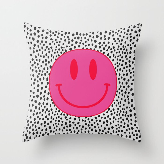 Cute Pink and Red Smiley Face on Black and White Background Throw Pillow