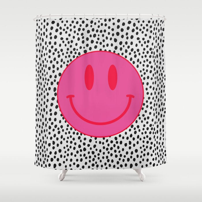 Cute Pink and Red Smiley Face on Black and White Background Shower Curtain Gallery Image 1
