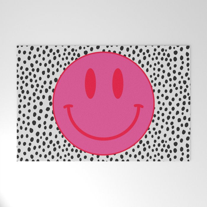 Cute Pink and Red Smiley Face on Black and White Background Welcome Mat Gallery Image 1