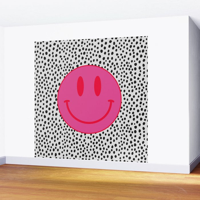 Cute Pink and Red Smiley Face on Black and White Background Wall Mural Gallery Image 2