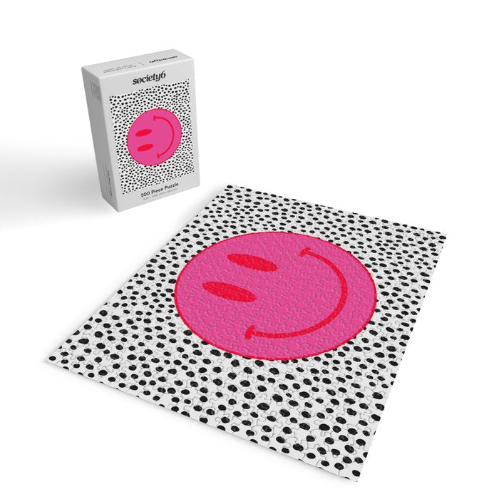 Cute Pink and Red Smiley Face on Black and White Background Jigsaw Puzzle Gallery Image 2