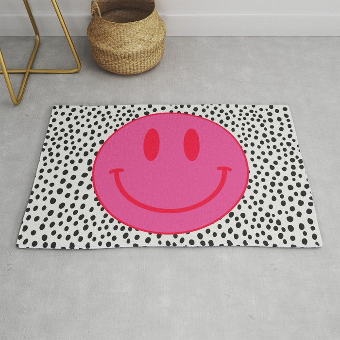 Cute Pink and Red Smiley Face on Black and White Background Rug Gallery Image 1