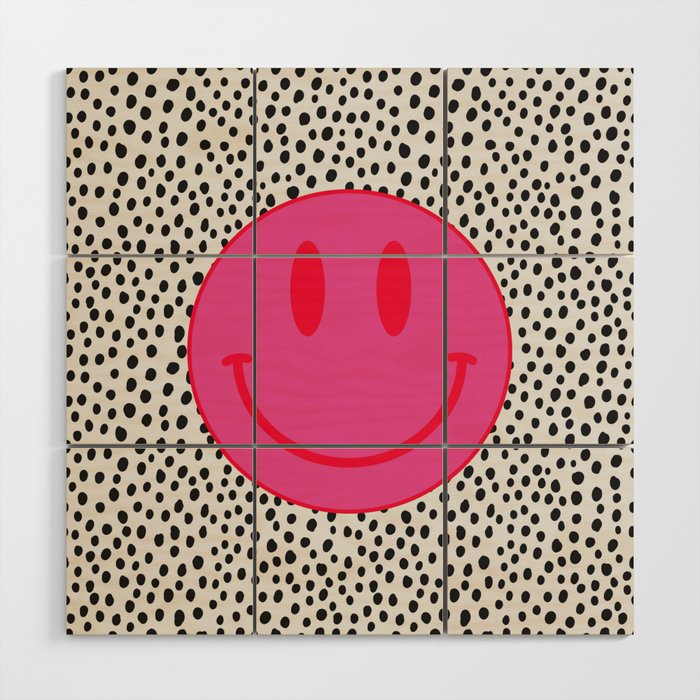 Cute Pink and Red Smiley Face on Black and White Background Wood Wall Art Gallery Image 1