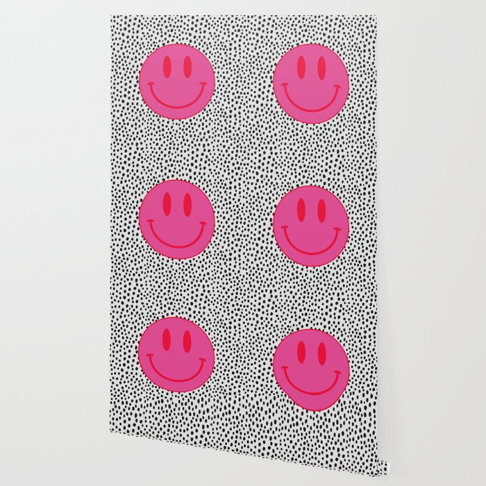 Cute Pink and Red Smiley Face on Black and White Background Wallpaper Gallery Image 2
