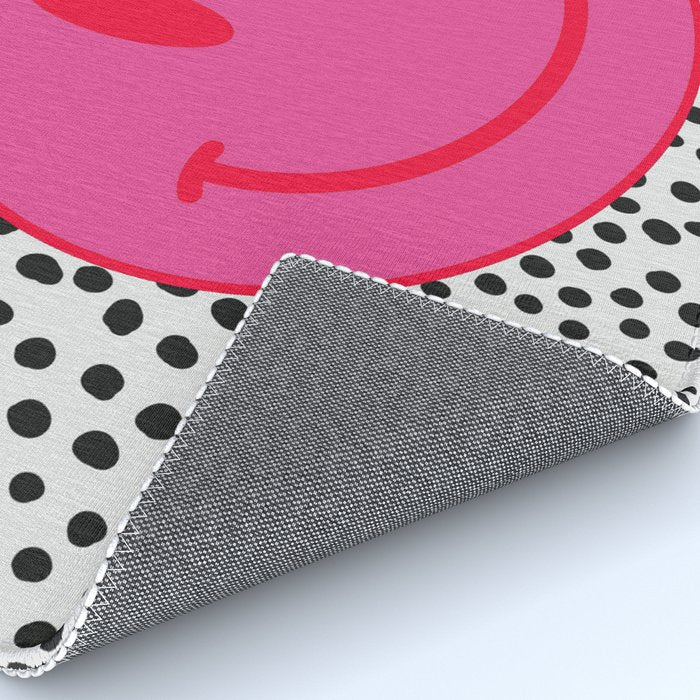 Cute Pink and Red Smiley Face on Black and White Background Rug Gallery Image 4