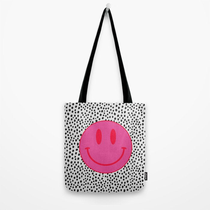 Cute Pink and Red Smiley Face on Black and White Background Tote Bag Gallery Image 2