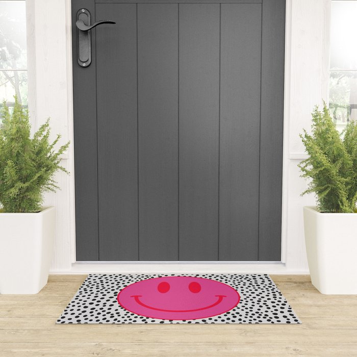 Cute Pink and Red Smiley Face on Black and White Background Welcome Mat Gallery Image 3
