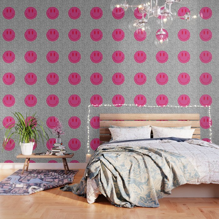 Cute Pink and Red Smiley Face on Black and White Background Wallpaper Gallery Image 1