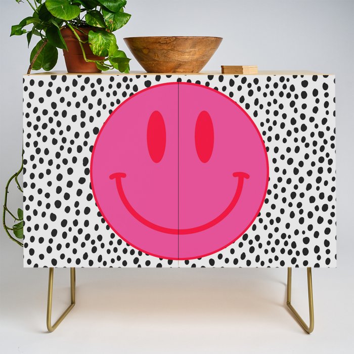 Cute Pink and Red Smiley Face on Black and White Background Credenza Gallery Image 1