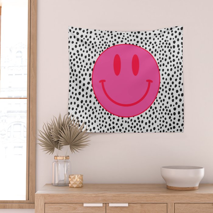 Cute Pink and Red Smiley Face on Black and White Background Wall Tapestry Gallery Image 2