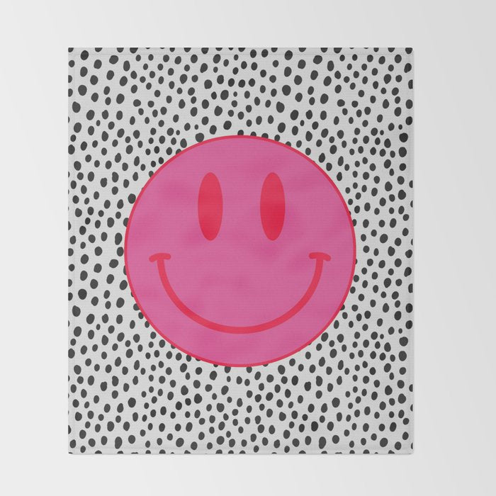 Cute Pink and Red Smiley Face on Black and White Background Throw Blanket Gallery Image 2