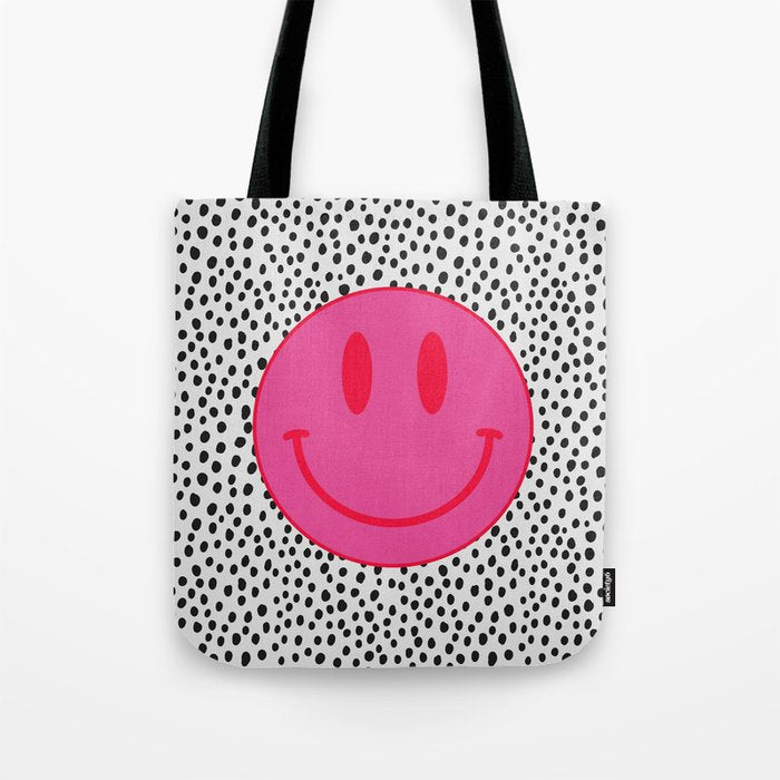 Cute Pink and Red Smiley Face on Black and White Background Tote Bag Gallery Image 1