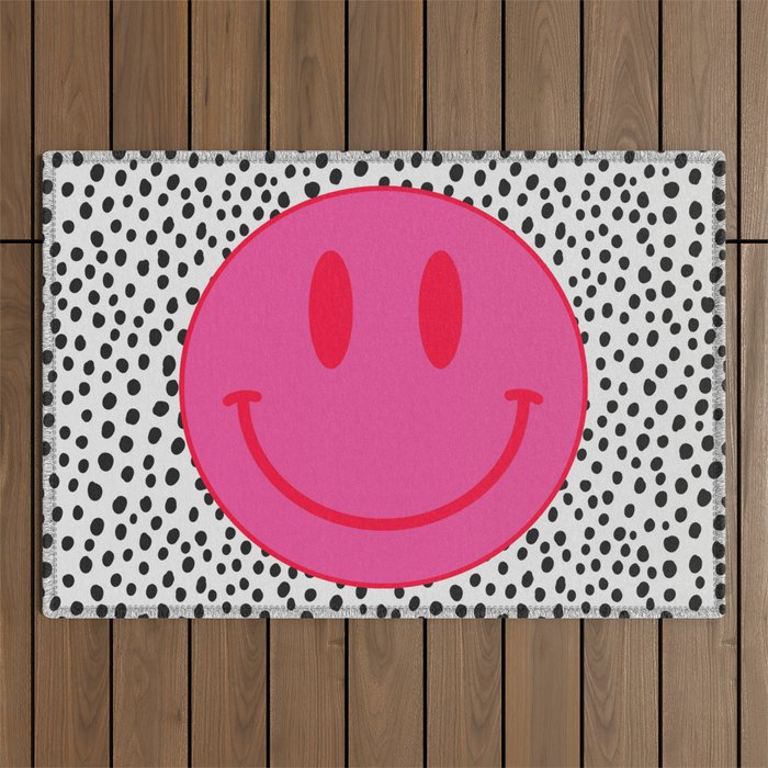 Cute Pink and Red Smiley Face on Black and White Background Outdoor Rug Gallery Image 1