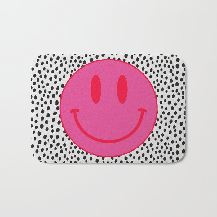 Cute Pink and Red Smiley Face on Black and White Background Bath Mat Gallery Image 1