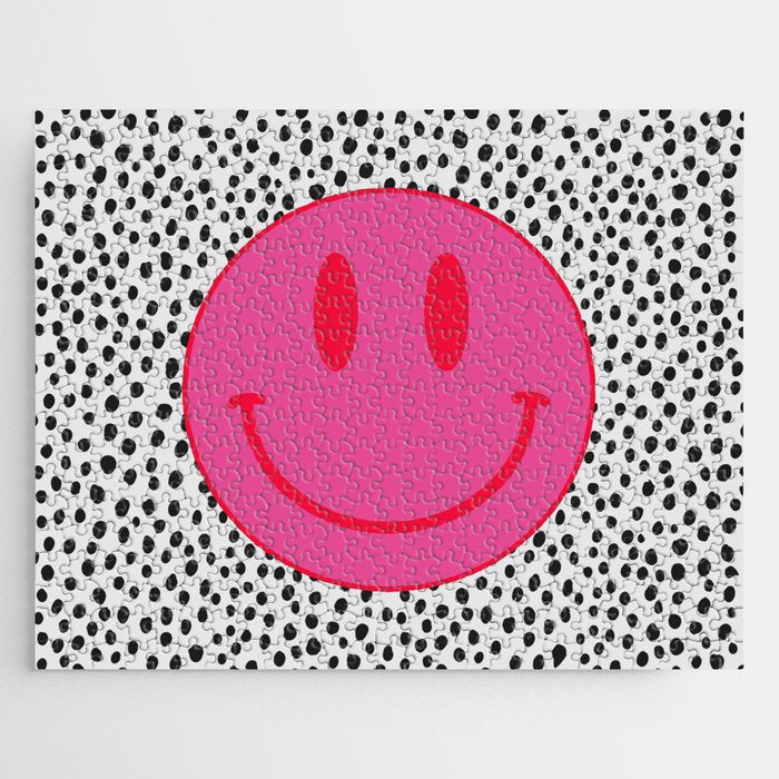 Cute Pink and Red Smiley Face on Black and White Background Jigsaw Puzzle Gallery Image 1