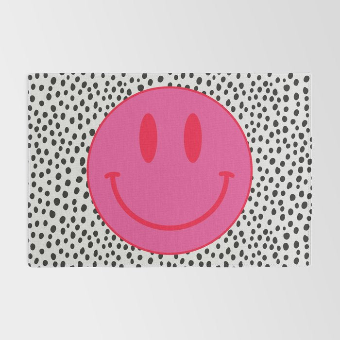 Cute Pink and Red Smiley Face on Black and White Background Rug Gallery Image 2