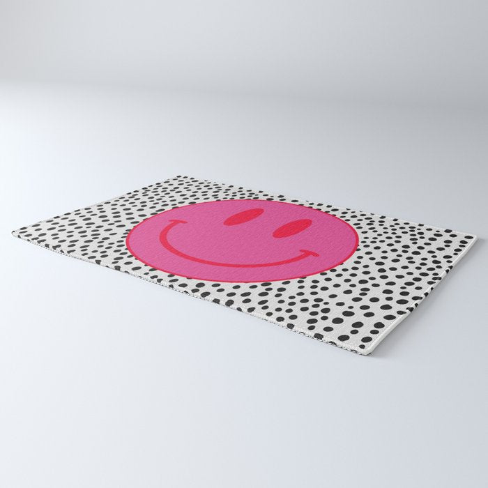 Cute Pink and Red Smiley Face on Black and White Background Rug Gallery Image 3