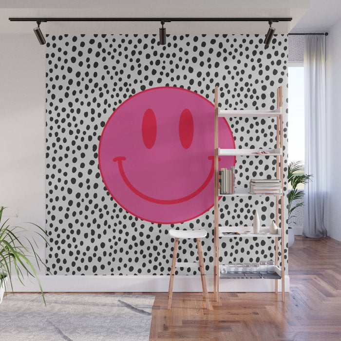 Cute Pink and Red Smiley Face on Black and White Background Wall Mural Gallery Image 1