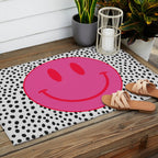 Cute Pink and Red Smiley Face on Black and White Background Outdoor Rug Gallery Image 2