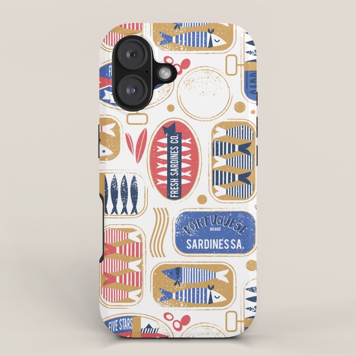 Vintage canned sardines // white background peacock teal and mandy red cans  iPhone Case Gallery Image 1