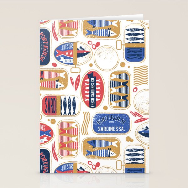 Vintage canned sardines // white background peacock teal and mandy red cans  Stationery Card Gallery Image 2