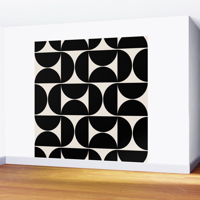 Mid Century Modern Abstract Pattern Black And Cream White Wall Mural Gallery Image 2