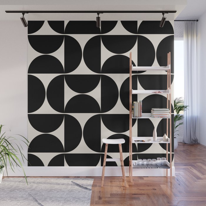 Mid Century Modern Abstract Pattern Black And Cream White Wall Mural Gallery Image 1