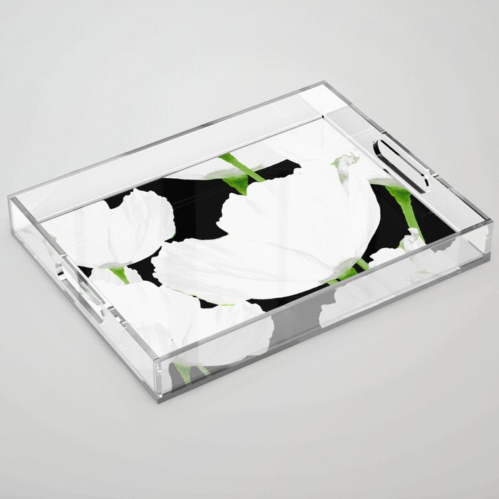 Large White Poppies on Black Background #decor #society6 #buyart Acrylic Tray Gallery Image 1