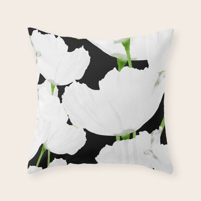 Large White Poppies on Black Background #decor #society6 #buyart Throw Pillow Gallery Image 1
