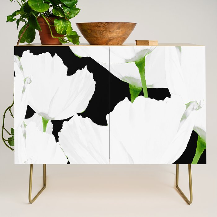 Large White Poppies on Black Background #decor #society6 #buyart Credenza Gallery Image 1