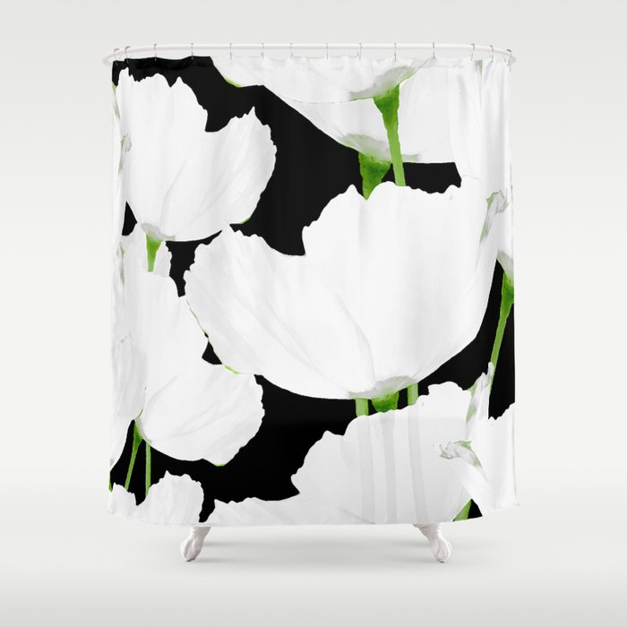 Large White Poppies on Black Background #decor #society6 #buyart Shower Curtain Gallery Image 1