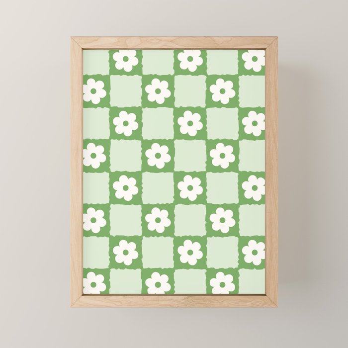 Retro Flower Checker in Forest Green Mini Art Print Gallery Image 1